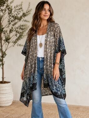 Modena Open Front Kimono Topper Blue Black Beige Lightweight OneSize NEW Boho